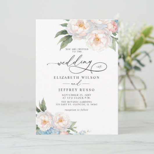 Elegante Boho Zomer Lente Blush Bloemen Bruiloft Kaart (Staand voorkant)