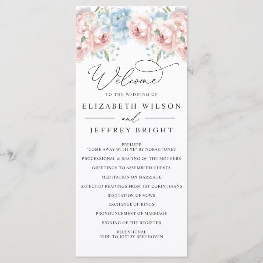 Elegante Boho Zomer Lente Blush Bloemen Bruiloft Programmakaart (Voorkant)