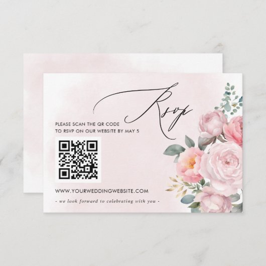 Elegante Boho Zomer Lente Blush Bloemen QR CODE RSVP Kaartje (Voorkant / Achterkant)