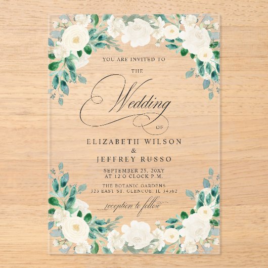 Elegante Boho Zomer Lente Ivoor Bloemen Bruiloft Acryl Uitnodigingen (Voorkant)