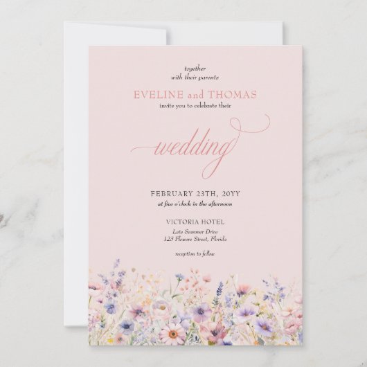 Elegante boho zomer paarse en roze wilde bloemen kaart (Voorkant)