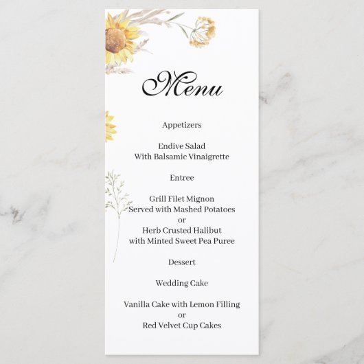 Elegante Boho zonnebloemen bloemenmenu Menu (Voorkant)