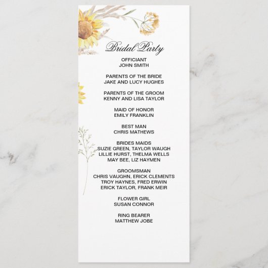 Elegante Boho Zonnebloemen dubbele zijprogrammakaa Programmakaart (Achterkant)