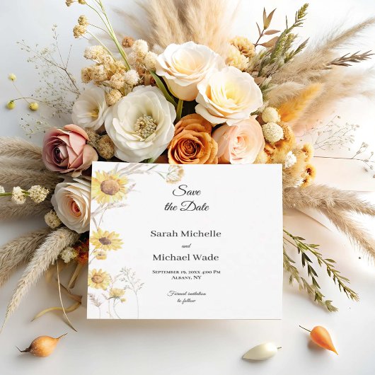 Elegante Boho zonnebloemen Save the Date uitnodigi