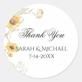 Elegante Boho Zonnebloemen Trouwstickers Ronde Sticker