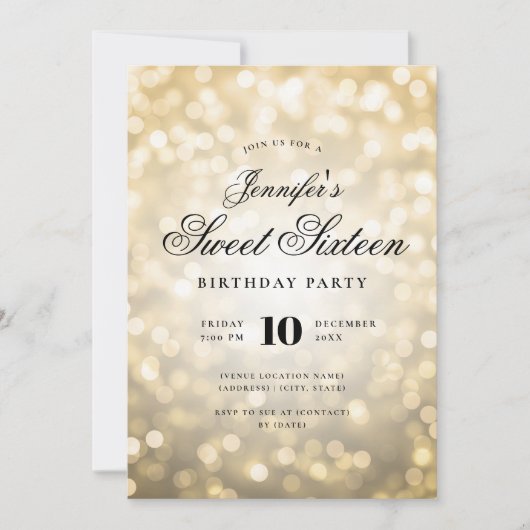 Elegante Bokeh Lights Formal Script Sweet 16 Gold Kaart (Voorkant)