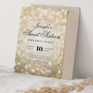 Elegante Bokeh Lights Formal Script Sweet 16 Gold Kaart