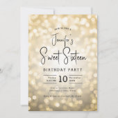 Elegante Bokeh Lights Modern Script Sweet 16 Gold Kaart (Voorkant)