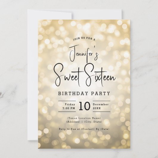 Elegante Bokeh Lights Modern Script Sweet 16 Gold Kaart (Voorkant)
