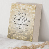 Elegante Bokeh Lights Modern Script Sweet 16 Gold Kaart