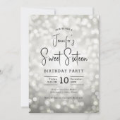 Elegante Bokeh Lights Modern Script Sweet 16 Silve Kaart (Voorkant)