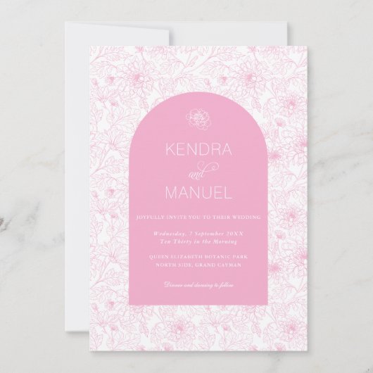 Elegante Boog Bloemen Toile Blush Roze Huwelijk Kaart (Voorkant)