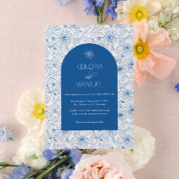 Elegante Boog Bloemen Toile Frans Blauw Huwelijk Kaart