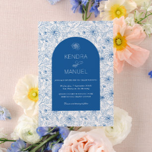 Elegante Boog Bloemen Toile Frans Blauw Huwelijk Kaart