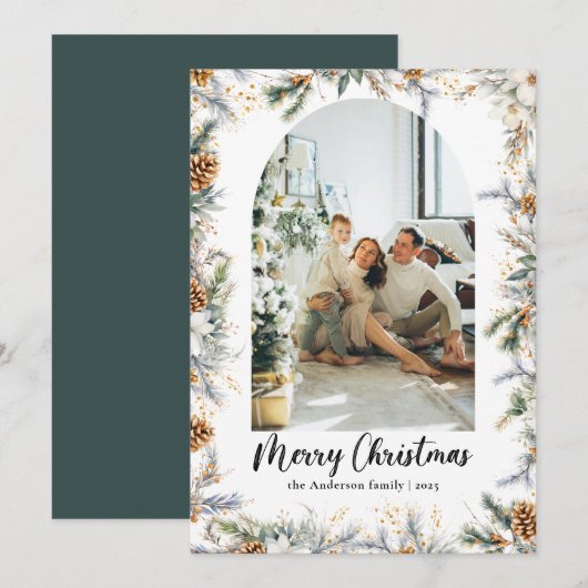 Elegante Boog Botanisch Groen & Foto Kerstmis Feestdagenkaart (Voorkant / Achterkant)