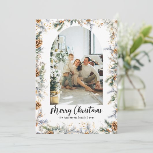 Elegante Boog Botanisch Groen & Foto Kerstmis Feestdagenkaart (Staand voorkant)