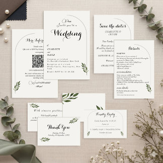 Elegante Boog Botanische Groene Huwelijksuitnodigi Kaart