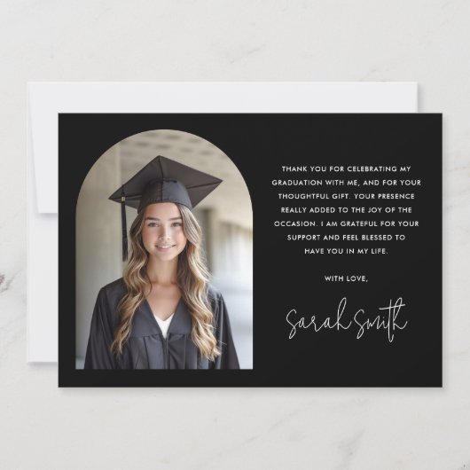 Elegante boog eenvoudig klassiek zwart foto afstud bedankkaart (Voorkant)