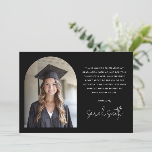 Elegante boog eenvoudig klassiek zwart foto afstud bedankkaart (Staand voorkant)