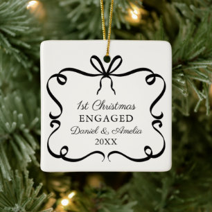 Elegante Boog Foto Aandenken 1e Kerst Verloving Keramisch Ornament