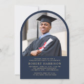 Elegante boog foto blauw goud afstudeerfeest kaart (Achterkant)