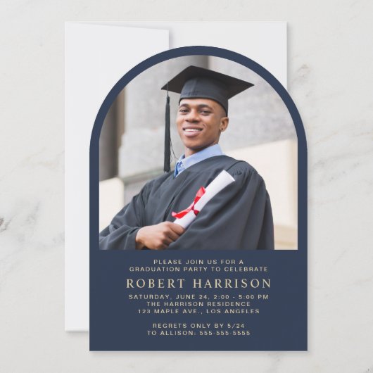 Elegante boog foto blauw goud afstudeerfeest kaart (Achterkant)