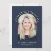 Elegante boog foto blauw goud Afstuderen Aankondiging (Voorkant)