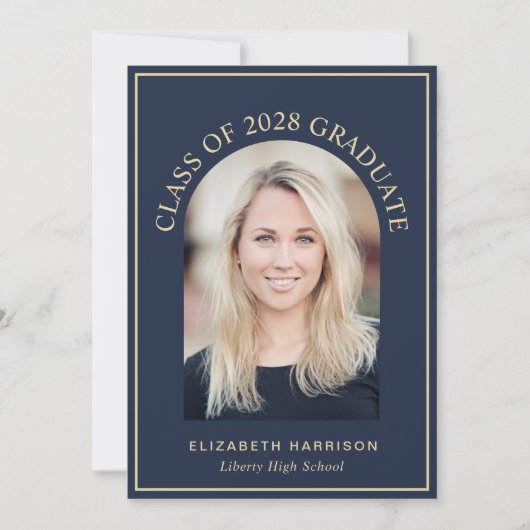 Elegante boog foto blauw goud Afstuderen Aankondiging (Voorkant)