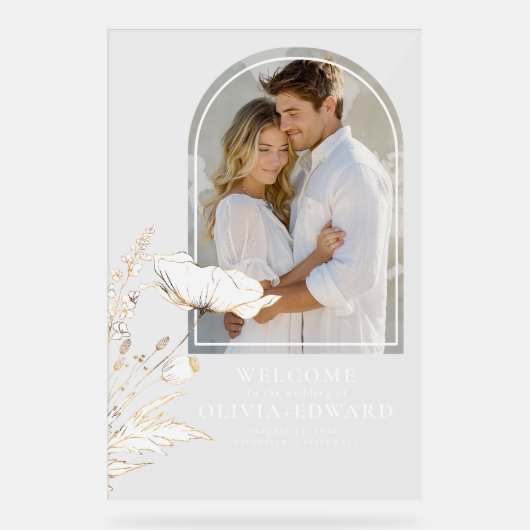 Elegante boog foto en Wildflower bruiloft welkom Acryl Bord (Voorkant)