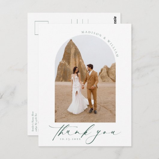 Elegante boog foto groene bruiloft dank u briefkaart (Voorkant / Achterkant)