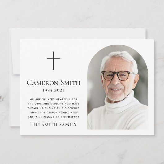 Elegante boog foto kruis begrafenis sympathie bedankkaart (Voorkant)