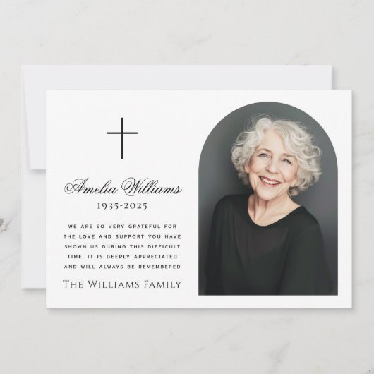 Elegante boog foto kruis begrafenis sympathie bedankkaart (Voorkant)