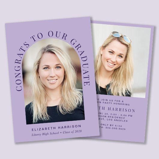 Elegante boog foto lavendel afstudeerfeest kaart