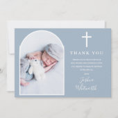 Elegante boog foto stoffige blauwe doop bedankkaart (Voorkant)