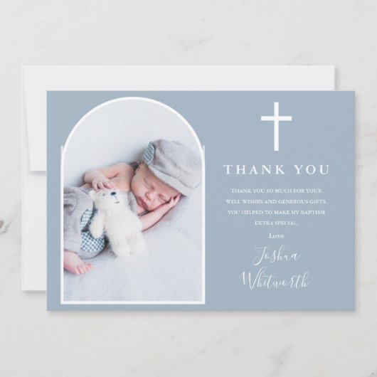 Elegante boog foto stoffige blauwe doop bedankkaart (Voorkant)