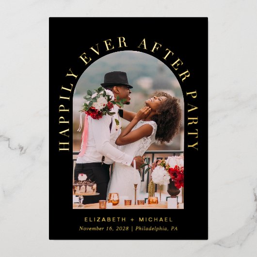 Elegante boog foto trouwreceptie zwart goud folie uitnodiging (Voorkant)