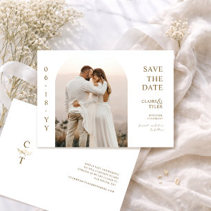 Elegante Boog Foto Wit en Gouden Monogram Bruiloft Save The Date