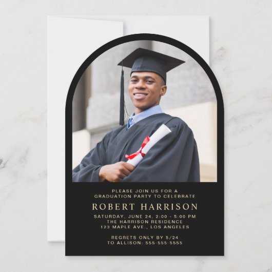 Elegante boog foto zwart goud afstudeerfeest kaart (Achterkant)