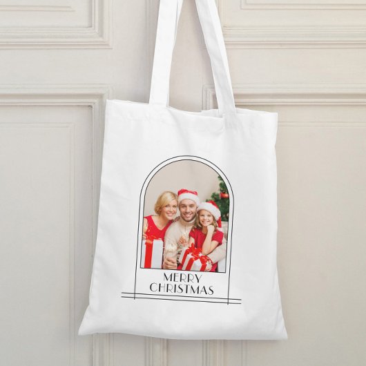 Elegante boog gepersonaliseerde familiefoto Kerstm Tote Bag