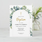 Elegante boog groen bloemblaadje doop kaart (Staand voorkant)
