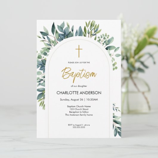Elegante boog groen bloemblaadje doop kaart (Staand voorkant)