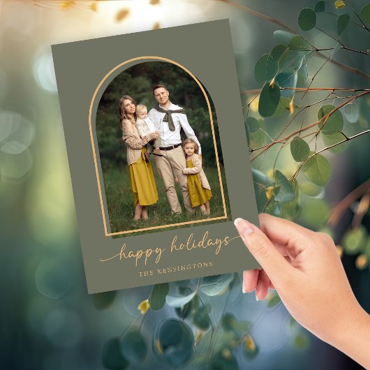 Elegante Boog Groen Goud Vakantiefoto Feestdagenkaart