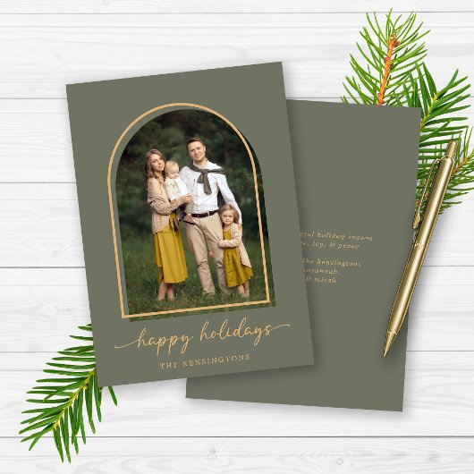 Elegante Boog Groen Goud Vakantiefoto Feestdagenkaart