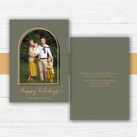 Elegante Boog Groen Goud Vakantiefoto Feestdagenkaart