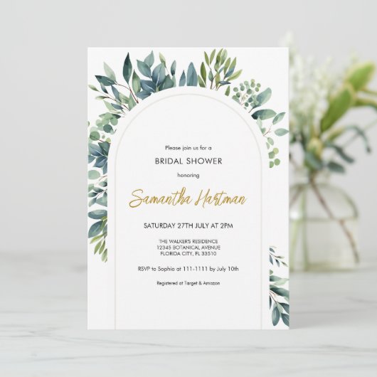 Elegante Boog Groene Bloemen Bloemige Bruidsfeest Kaart (Staand voorkant)