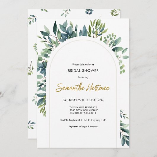 Elegante Boog Groene Bloemen Bloemige Bruidsfeest Kaart (Voorkant / Achterkant)