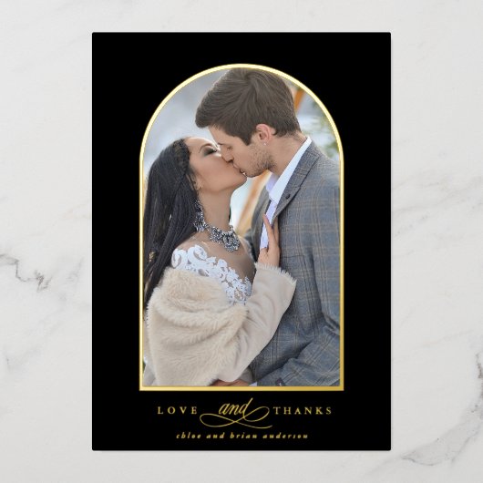 Elegante Boog Liefde & Dank Foto Trouw Dank Je Folie Uitnodiging (Voorkant)