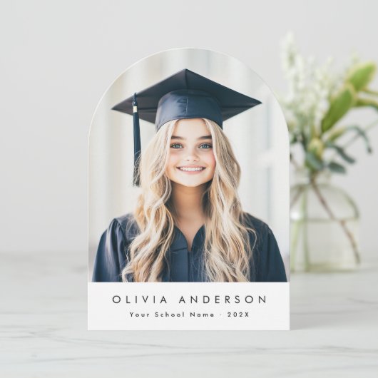 Elegante boog moderne foto afstuderen aankondiging (Staand voorkant)
