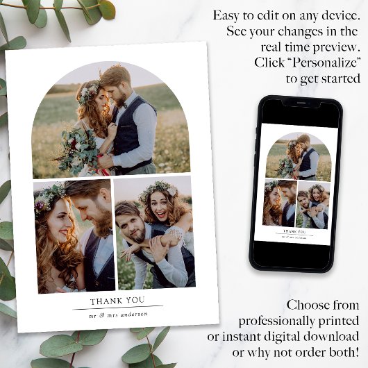 Elegante boog Multi foto collage bruiloft Bedankkaart