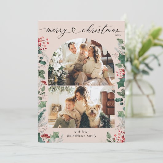 Elegante boog Multi foto familie kerst Kaart (Staand voorkant)